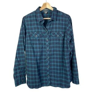 Eddie Bauer Blue & Teal Blue Square Plaid Long Sleeve Flannel L